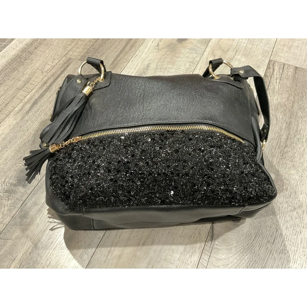 Coofit Black Sequin Vegan Leather Satchel Crossbody‎ Bag Tassel Gold Hardware